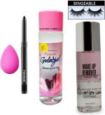 Bingeable Premium Rose Water 120 ml, Makeup Remover for Waterproof makeup with Washable Puff and Long Lasting Kajal Set of 5