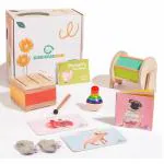 Curious Cub Montessori Learning Wooden Toys Box (Box 3: 6 to 9 Months) Wooden Rolling Drum, Maracas, Wooden Roly Poly, Rattle, Books, Flashcards