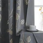 Urban Space Pure Blackout Curtains for Living Room, Gold Foil Printed Luxurious 100% Blackout Curtains Eyelet with Tieback, 1 Piece Pack, Leaf Grey ( Door 7ft x 4ft)