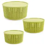 Selvel Plastic Multipurpose Storage Target Basket with Lid Set of 3 (Green)
