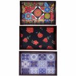 ANGIRA HANDICRAFTS Handmade Wooden Tray with Handprinted Designs Serving Trays Set of 3 Tray