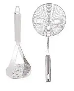 First Front Stainless Steel Big Potato Masher With Stainless Steel Deep Fry Strainer and Multicolour, Pack of 2 l Kitchen Tools l Essential Kitchen Tools l Tools l Kitchen l Utensils l Stainless Steel Tools l Steel Kitchen Tools l Metal Tools