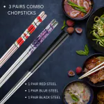 Hichaki 3 Pairs Steel Blue & Red with Silicon Black Chopsticks Set- Lightweight, Dishwasher Safe, Reusable