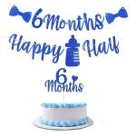 Festiko Half Birthday Banner Cake Topper Decorations, Blue 6 Months Happy Half With Tie Baby Bottle Banner, 6 Months Cake Topper, 1, 2 Birthday Party Supplies Decor For Boy