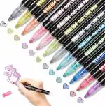 FULLKART Double Line Chisel Point Outline Pens 12 Colors Self-Outline Metallic Markers Glitter Writing Drawing Pens Stationery for Gift Card Writing