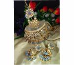 Gyaan Jewels Handmade Gold Plated Alloy Necklace, Earring and Maang Tikka Set Gray (Women, Girls) Free Size