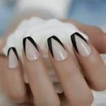 Secret Lives Press On Nails Designer Reusable Artifical Nails Extension Nude Color With Black Edges Fake Nails Design 24 Pieces Set With Kit