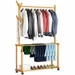 ADA Premium Natural Pine Wood Rolling Coat Garment Rack, Clothes Hanging Rail with 2 Shelves 4 Hooks for Shoes, Hats and Scarves, in The Hallway, Living Room, Guest Room - 100x37x175cm