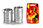 BLUE WONDER Stainless Steel Twin Cutlery Holder Racks With Plastic Oval Chopping Board and (Multicolour, Pack of 2)