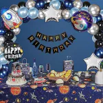 SpecialYou.in Space Theme birthday decoration items for boy DIY combo with space theme foil balloons, Black happy birthday banner, navy blue, blue, black and metallic silver balloons for party decoration pack of 68 Items.