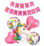 Birthday Combo for Girls-Pink Happy Birthday Bunting Banner+Big Magical Unicorn Theme Foil Balloons