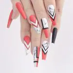 Secret Lives Acrylic Press on Designer Long Artificial Extension Matte Pink Black Color Marble Design Fake Nails Design 24 pcs Set with Glue Sheet