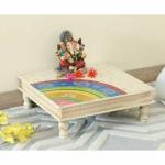 SA Handicraft Handmade Wooden Chowki| Floral Painting Decorative Bajot for Sitting Pooja Temple White Color (Size 15 x 15)