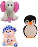 KT KASHISH TOYS Soft white elephant-black penguin butter blue cap for kids-25-30 - 30 cm (Multicolor)