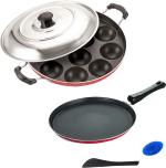 See Inside Nonstick Flat Base Dosa Tawa & Appe Pan Combo Set with Cooking Spoon & Scrubber Tasla Set with Lid 2 L, 0.5 L capacity 28 cm, 43 cm diameter (Aluminium, Non-stick, Induction Bottom)