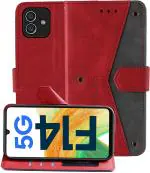 Autofocus Faux Leather Back Case Flip Cover for Samsung Galaxy F14 5G, Samsung F14 5G with ID Card Slot | Foldable Stand | 2 Card Slot | 1 Cash Slot | Magnetic Closure - Executive Red, 22916