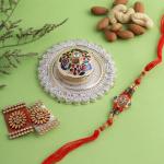 Tamirha Beautiful and Contemporary Rakhi Pooja Plate with 1 Rakhi and Almonds & Cashews (100gm each)