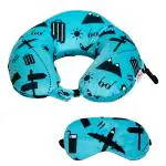 Destinio Neck Pillow and Eye Mask Set - Memory Foam, Washable Cover (Printed Blue Travel Icons)