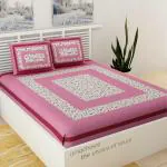 UniqChoice Pink Jaipuri Cotton Double Bedsheet with 2 Pillow Cover 215 x 240 cm (pinkbindiya_ D)
