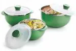 MAGIC PLUS Serving Bowl with Lid - Set of 3 Pcs Stainless Steel and Plastic Serving Mixing Bowls for Rice & Curry, Microwave Oven & Dishwasher Safe Utensils - (Green - 1000ml, 1400ml, 2200ml)