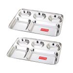HAZEL Stainless Steel Compartment Mess Plate Steel Rectangle Bhojan Thali with Round Holes, Set of 2