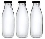 RTWARE Transparent Round Airtight Glass Bottle for Milk, Water & Juice with Black Cap 500 ml (Set of 3)