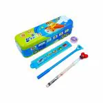 FULLKART Sky Travel Double Decker Bus Shape Pencil Box with 1 Gel Pen, Stack Pencil, Scale and Eraser (Assorted Stationery Items Designs)