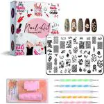 Roylkart Mega Combo Kit Of Nail Art Tools 3D Nail Art Stamping 5 Image Plates, Double-sided Stamper & Metal Scraper, 12 pcs Glitter Powder Set and Multicolour Nail Cleaning Tissue