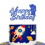 Festiko Astronaut Happy Birthday Cake Topper For Outer Space Theme Birthday Party Decorations, Astronaut Birthday Cake Decor For Kids, Party Supplies (Double Sided Blue Glitter)