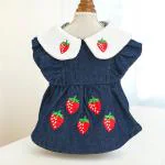 KUTKUT Dark Blue Denim Collar Dress For Small Dogs| Strawberries Design Pet Skirt For Maltese, Shih Tzu, Yorkie (Size: L, Chest: 44-48cm, Length 34cm, Neck 28-30cm, Pet Weight: 5kg - 6.5kg)