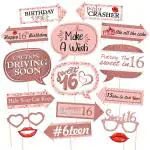 Zyozique Fully Assembled Sweet 16 Birthday Rose Golde Photo Booth Props - Set Of 16 - Rose Gold Selfie Signs - 16Th Party Supplies & Decorations - Cut