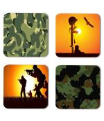 Whats Your Kick Indian Military Clothes With Army Printed Set of 4 Coaster With Metal Stand