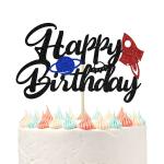 Festiko Rocket Ship Happy Birthday Cake Topper, Outer Space Theme Happy Birthday Party Decorations, Baby 1st Birthday Party Decorations Black Red Glitter