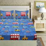 Akshya Blue Car Printed Cotton Queen Size Fitted Bedsheet with 2 Pillow Covers 90 inch x 100 inch