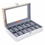 LEDO Corrosion Resistant Silver Leather with Glass Watch Box Case Organizer 12 Slots