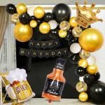 SV Traders Happy Birthday Decoration For Adults/Boys/Husband/18th/21st/30th/40th/50th Birthday Combo Kit Of 50 Pcs-Black Bunting Banner(13)+Golden Foil Crown 30 Inches(1)+Cheers Beer Mug 28 Inches(1)+Wiskey Bottle 28 Inches(1)+Golden Confetti Balloons(4)