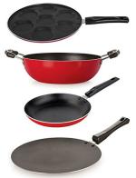 Nirlon 4 pcs of Red and Black Non-stick Aluminium Kitchen Cookware Set, Standard