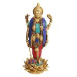 ARTVARKO Handmade Brass Vishnu Standing on Lotus with Sudarshan Chakra Idol - 12 inch