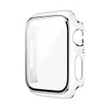 LIRAMARK Case Cover with Built-in Tempered Glass Screen Protector Compatible with 45mm Series of Apple Watch iWatch 7 ( White with Silver Edge, 45mm) [ Snap On Design]
