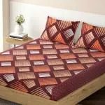 HOKIPO Printed Fitted Bedsheets King Size with 2 Pillow Cover, Mahogny Red Sqaure Lines (IN-695-D9)