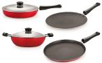 Nirlon 4 pcs of Red and Black Non-stick Chemical Free Kitchen Cookware Essential Set, Standard