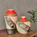 Artysta Warli Hand-painted Set of 2 Terracotta Vase (7 inch, Multicolor)