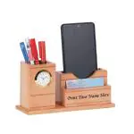 SHIVOM CRAFTS Wooden Desk Organizer with Clock, Pen Holder, Mobile and Visiting Card Holder for Home and Office - Customized, Personalized Gift, Get Name Printed (19.5x7x10 cm, Beige)