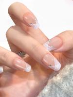 Secret Lives Glossy Artificial Skin Color with Stone & White Stripes Design Fake False Press on Nails 24 pieces Set with Kit