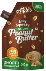 Alpino Easy Squeezy Natural Peanut Butter Smooth 200 G | Unsweetened | 30 G Protein | 100% Roasted Peanuts | No Added Sugar, Salt or Hydrogenated Oils | High Protein Peanut Butter Creamy | Gluten-Free | Vegan