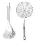 Stainless Steel Big Potato Masher With Stainless Steel Deep Fry Strainer and Multicolour, Pack of 2