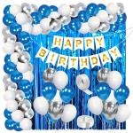 Zyozique 80 pcs Balloon Garland Arch Kit Blue, White and Silver Mettalic Balloon with Happy Birthday Banner and Foil Curtain for Birthday Decoration Baby Shower Graduation Decoration