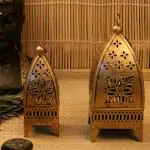 Trinity Craft Iron Painted Minnar Lantern Tea Light Lantern Set Of 2, Floral Hand-Etched Incense Burner & Hanging Tea Lights Metal Tealight Candle Holders for Home Decor & Showcase Items (3.5x3.5x9.5, 5.5x5.5x12) Inch