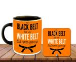 Whats Your Kick Judo karate Theme Design Printed Black Ceramic Coffee Mug with Desky and Tea Coaster