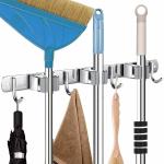 Kienlix Broom Mop Holder Wall Mount Stainless Steel Wall Mounted Storage Organizer Heavy Duty Tools Hanger for Kitchen Bathroom Closet Garage Office Garden-1Pc (3 Rack 4 Hook)